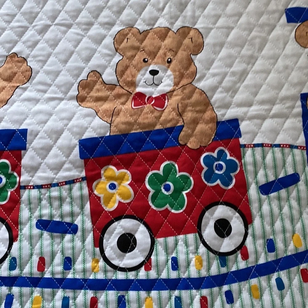 Teddy Bear Train Handmade‎ Quilt Satin Edges Baby Blanket Quilted Bear Nursery